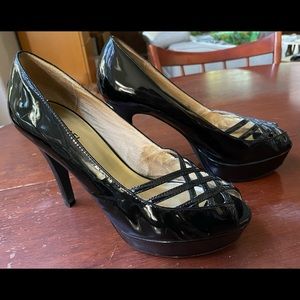 Michael Kors black patent peep toe pumps